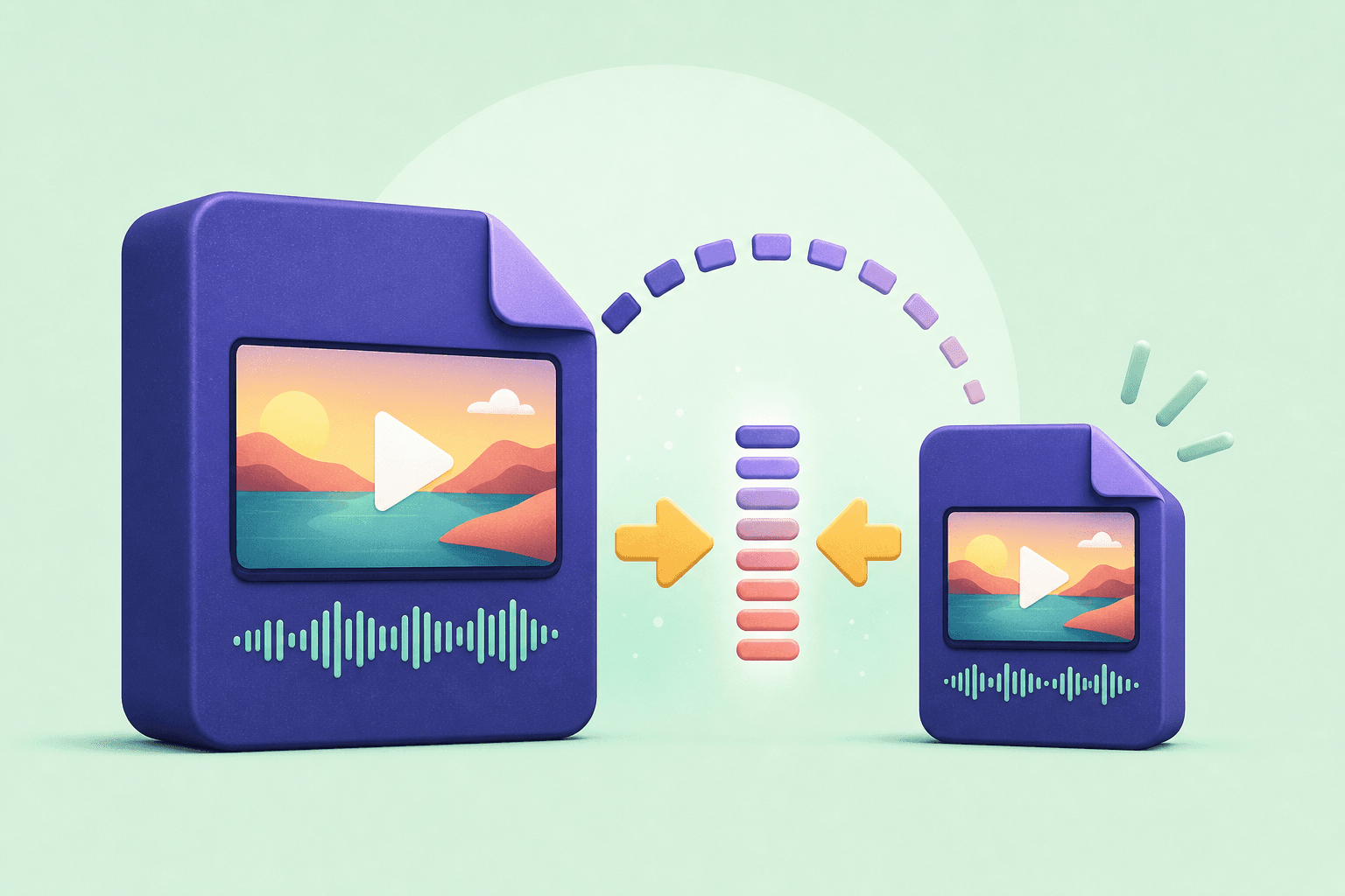 Editorial illustration of a video file being compressed while staying clear