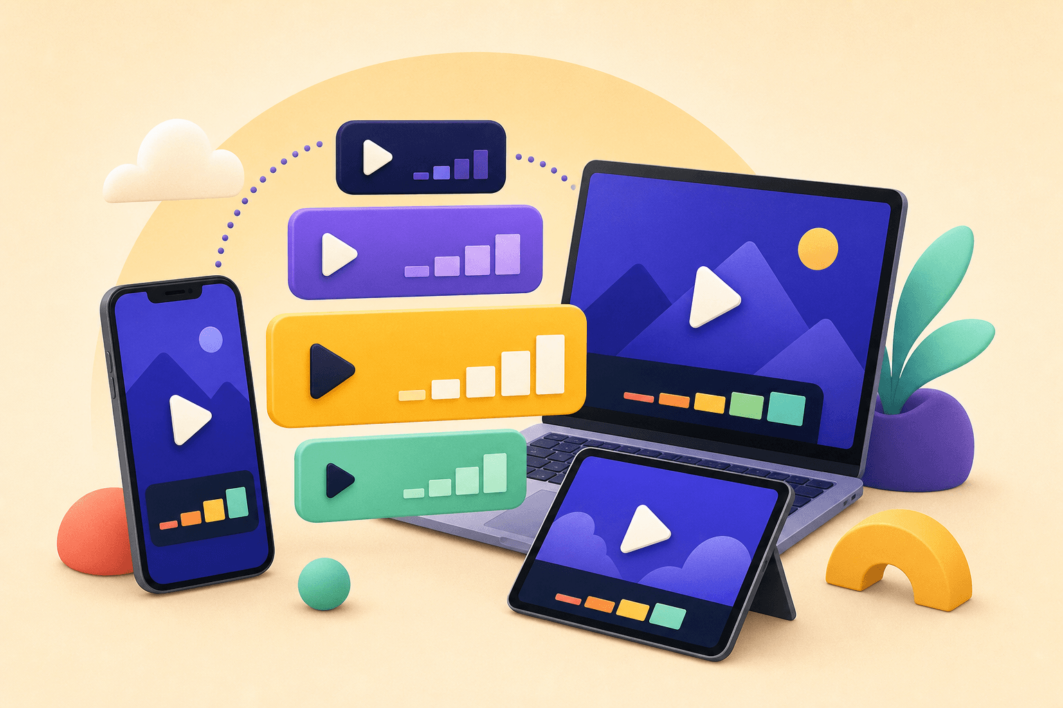 Editorial illustration of video quality options across devices